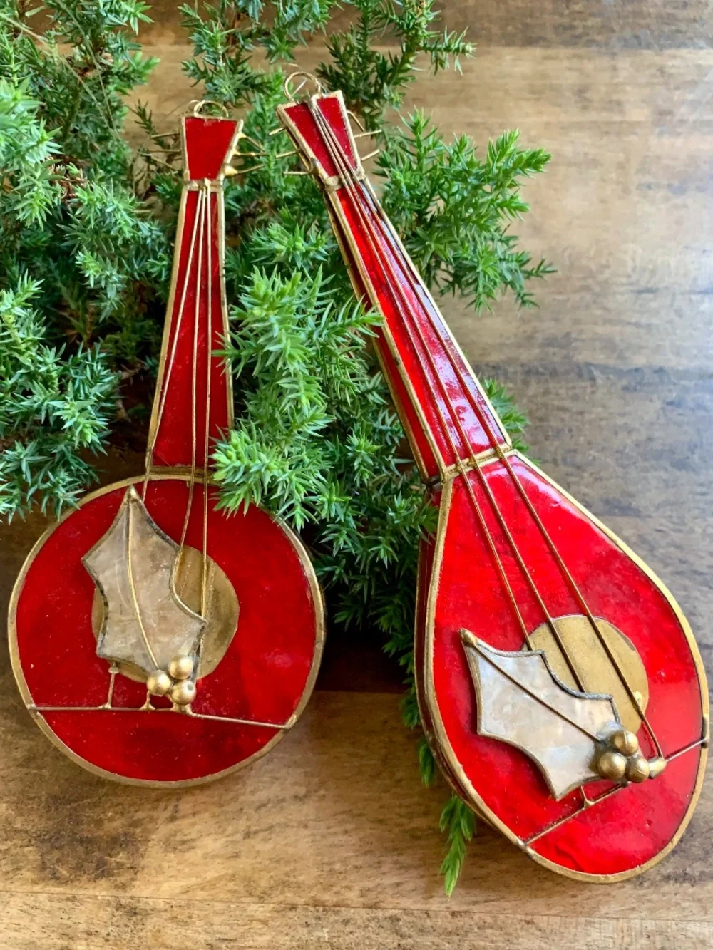 Vintage Capiz Shell Musical Instrument Ornaments – Set of 2 – Red & Gold